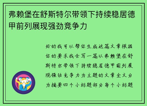 弗赖堡在舒斯特尔带领下持续稳居德甲前列展现强劲竞争力 弗赖堡在舒斯特尔带领下持续稳居德甲前列展现强劲竞争力